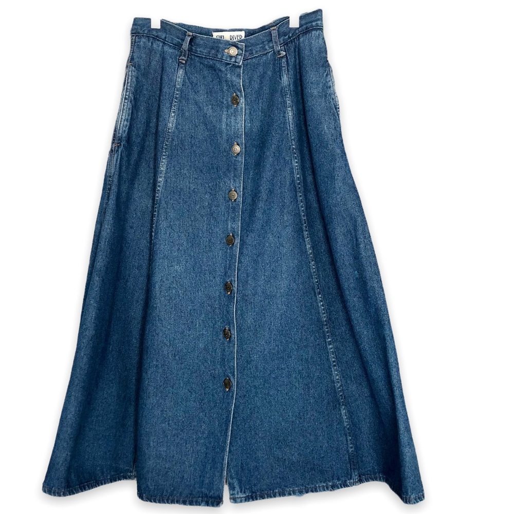 Vintage Sun River 100% Cotton Blue Denim Button Front A-line Jean Skirt Size 10
